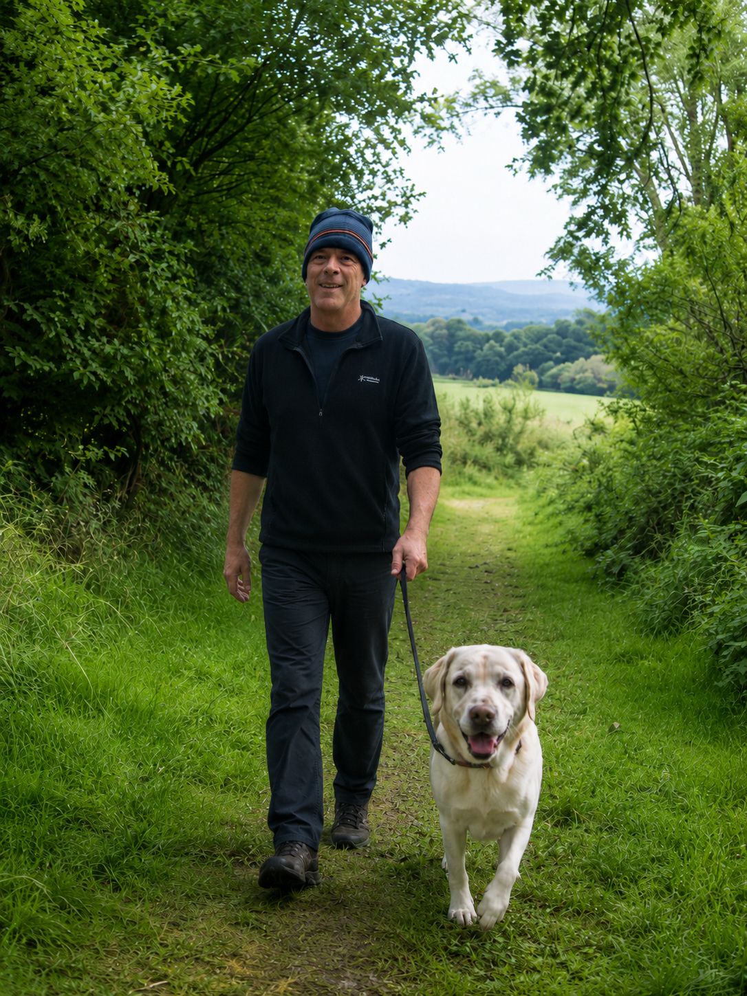 Steve walking a dog at Kuruba Kennels in Gartmore near Stirling